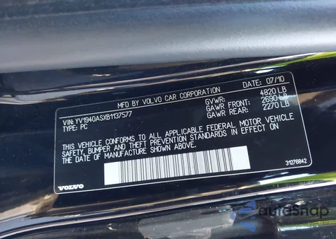 2011 Volvo S80 3.2 z USA, uszkodzony, nr VIN YV1940ASXB1137577